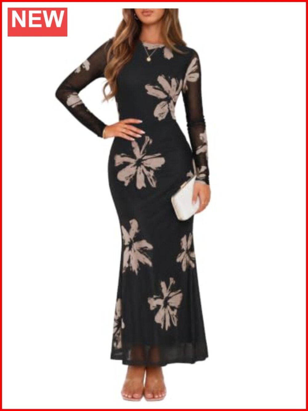 ZESICA Women's Formal Long Sleeve Maxi Dress Bodycon Floral Crewneck Fall